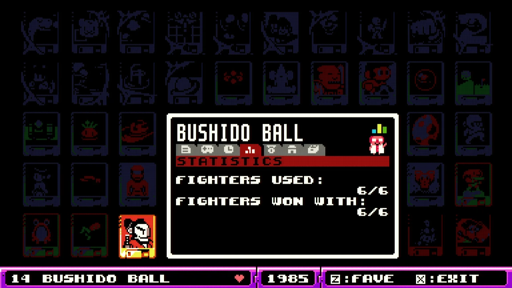 A screenshot of UFO 50 showing that I've won as every character in Bushido Ball.