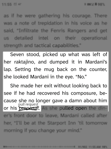 A highlighted excerpt from "Star Trek Picard: Firewall".  Excerpt reads: "Seven stood, picked up what was left of her raktajino, and dumpted it in Mardani's lap. Setting the mug back on the counter, she looked Mardani in the eye. 'No'.  She made her exit without looking back to see if he had recovered his composure because she no longer gave a damn about him or his pull request."