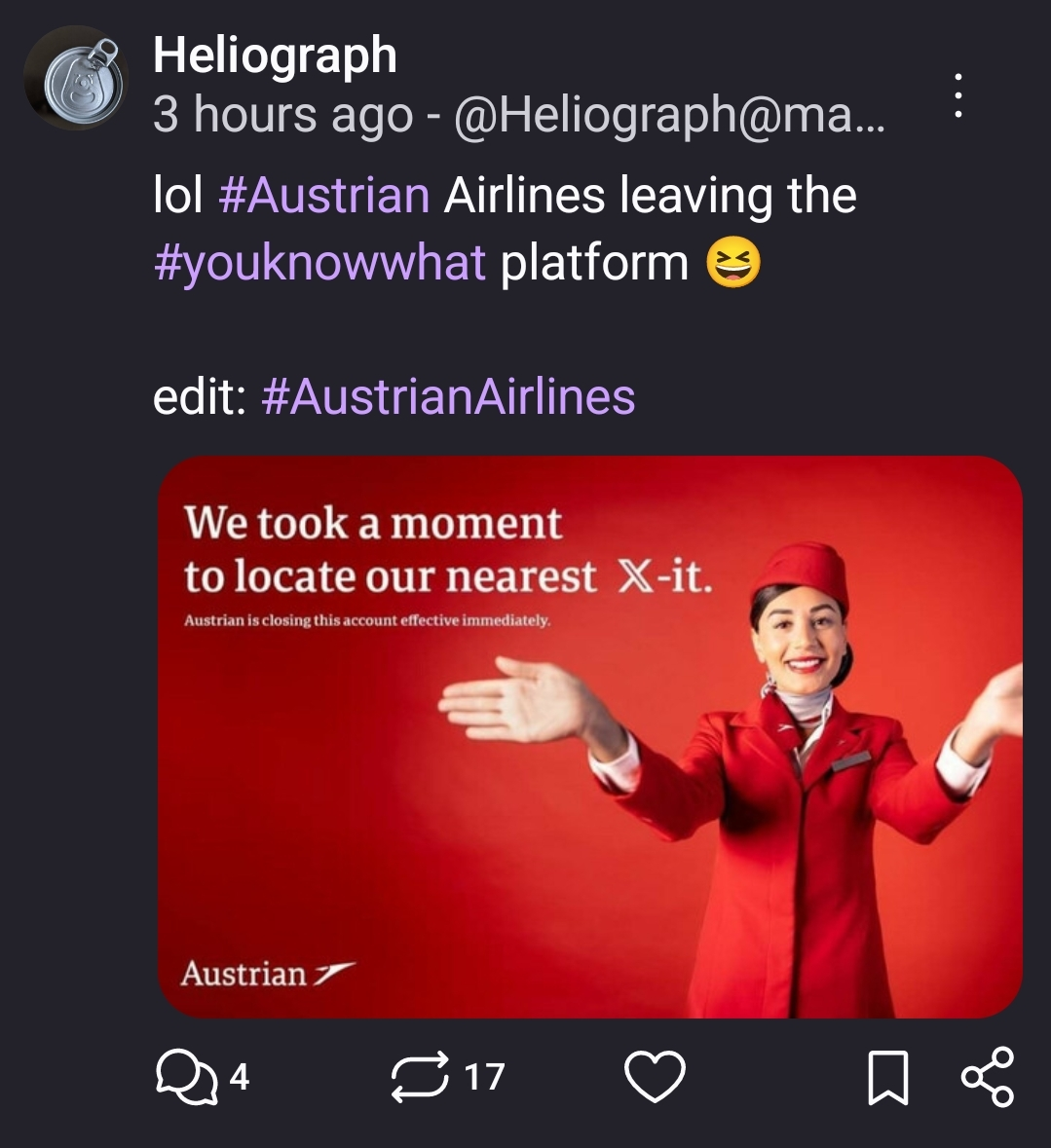 lol #Austrian Airlines leaving the #youknowwhat platform 😆

edit: #AustrianAirlines